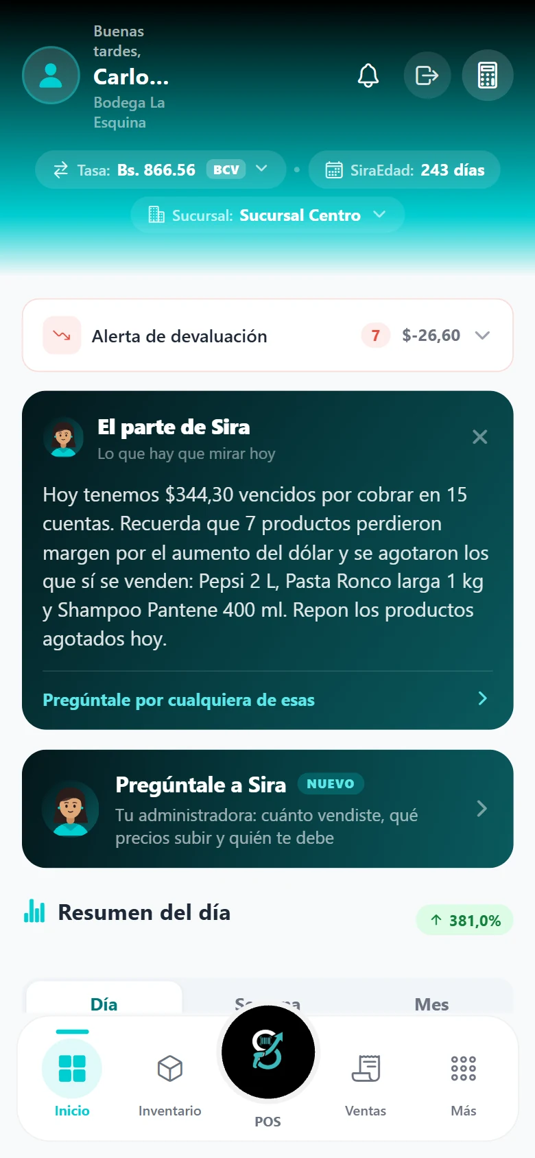 App móvil de SiraPOS: inicio con la tasa del BCV, la alerta de devaluación y el parte del día de Sira, la asistente