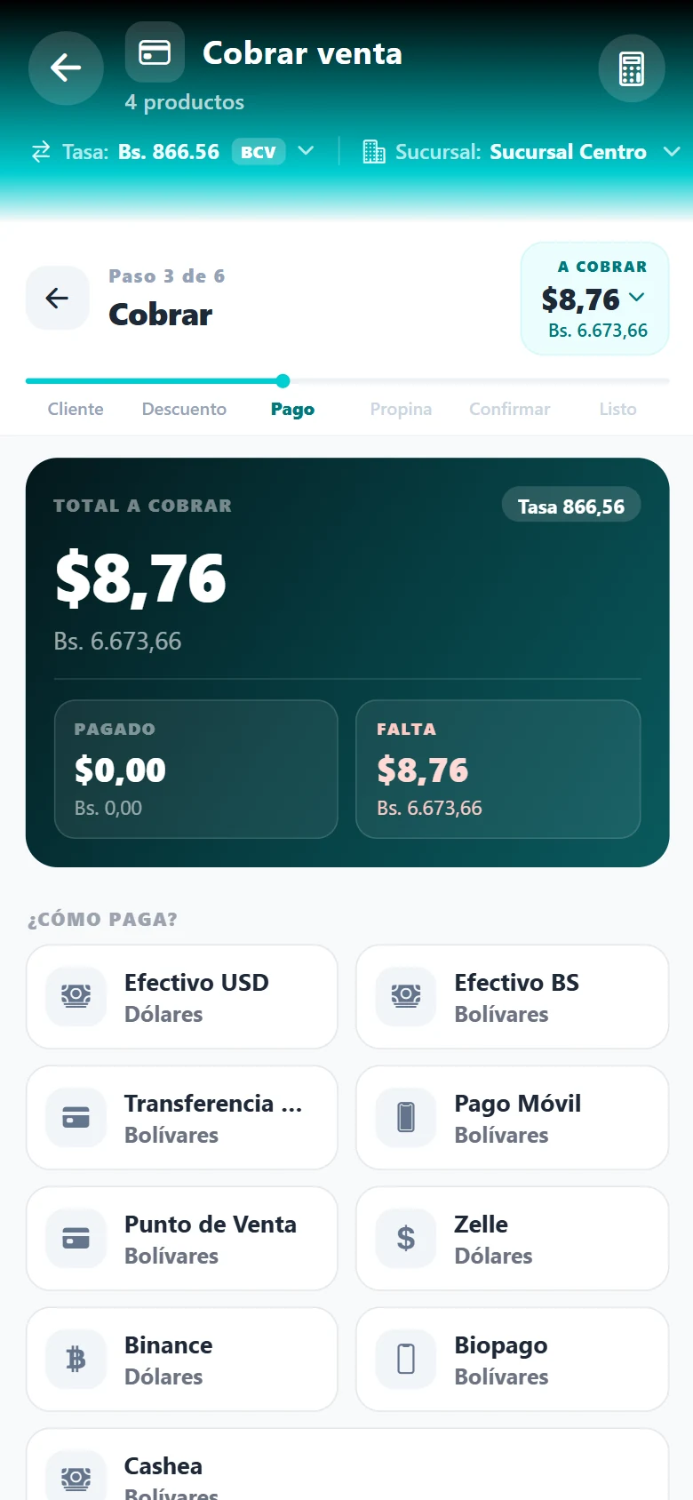 App móvil de SiraPOS: cobro de una venta con el total en dólares y bolívares y los métodos de pago