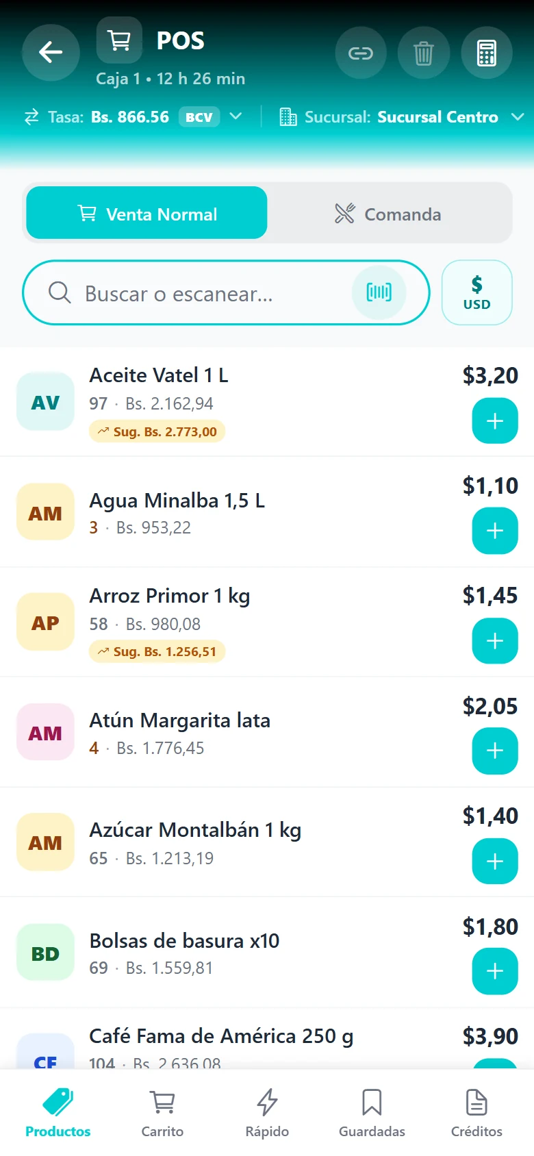 App móvil de SiraPOS: punto de venta con la lista de productos, sus precios en dólares y bolívares y el precio sugerido